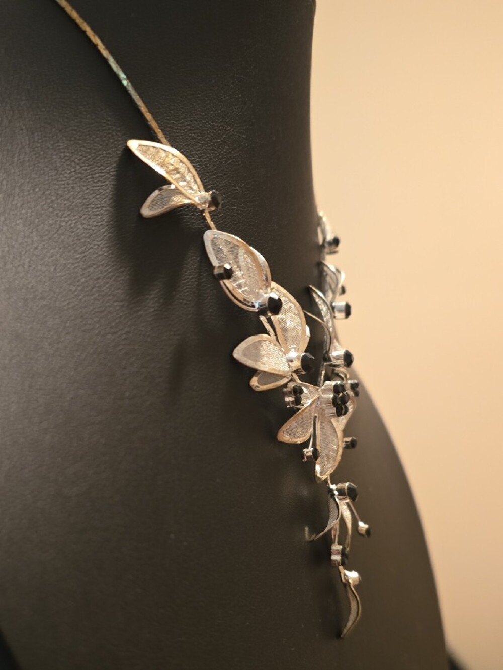 Floral Leaf Drop Necklace in Silver and Black - Picture 6 of 9